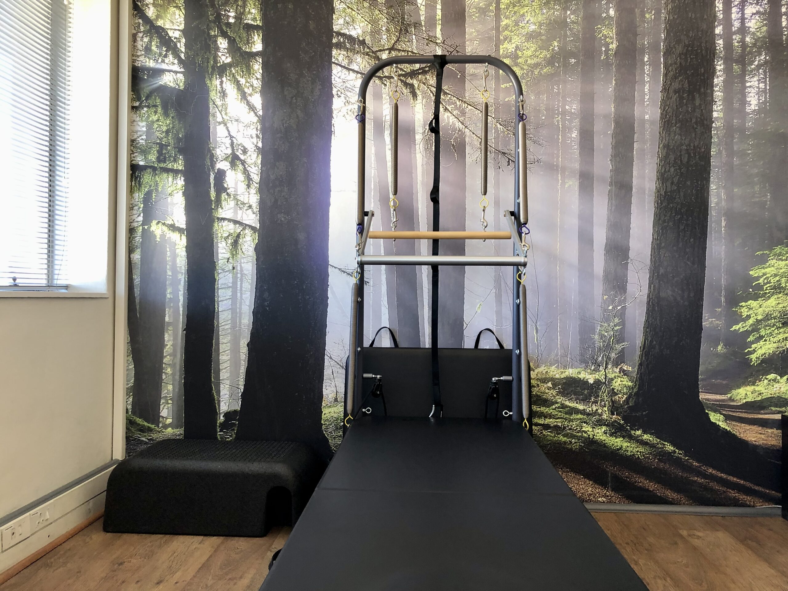 A photo of a Pilates Reformer and Tower in the Hyde Park Physiotherapy Pilates area